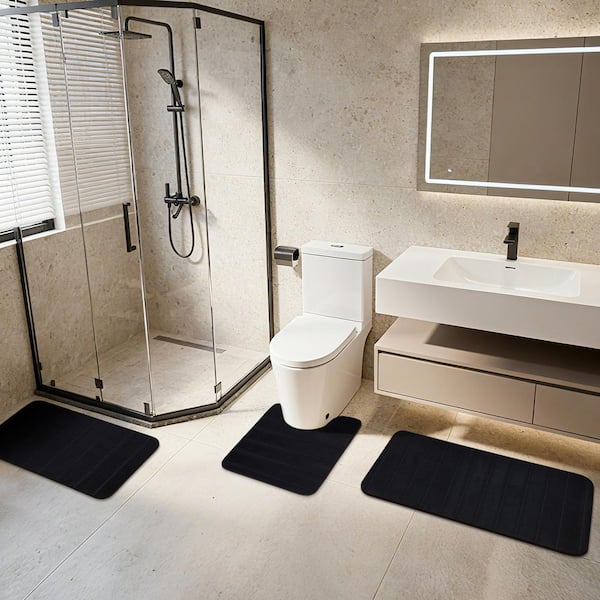 Black 3 Piece Memory Foam Bathroom Rugs Set Absorbent Bathroom Rugs Quick Dry Machine Washable Bath Mat Toilet Rug