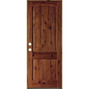 30 in. x 96 in. Rustic Knotty Alder Arch Top V-Grooved Red Chestnut Stain Right-Hand Wood Single Prehung Front Door