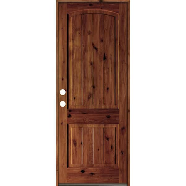 Krosswood Doors 36 in. x 96 in. Rustic Knotty Alder Arch Top V-Grooved Red Chestnut Stain Right-Hand Wood Single Prehung Front Door