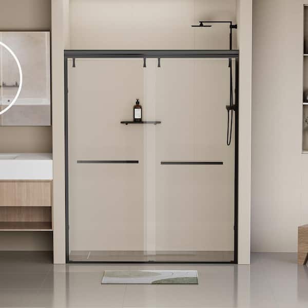 EAKYHOM 44 in. to 48 in. W x 76 in. H Double Sliding Semi-Frameless Shower Door in Matte Black Finish w/ 5/16 in. Tempered Glass