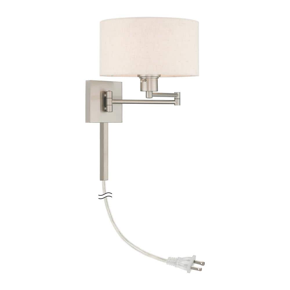 Elegant Brushed Nickel Swing Arm Wall Lamp with Oatmeal Fabric Shade