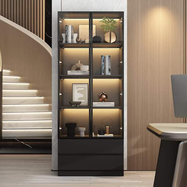 Black Wood 31.5 in. W Display Cabinet with Tempered Glass Doors, Drawers, Multiple Shelves, LED Lights