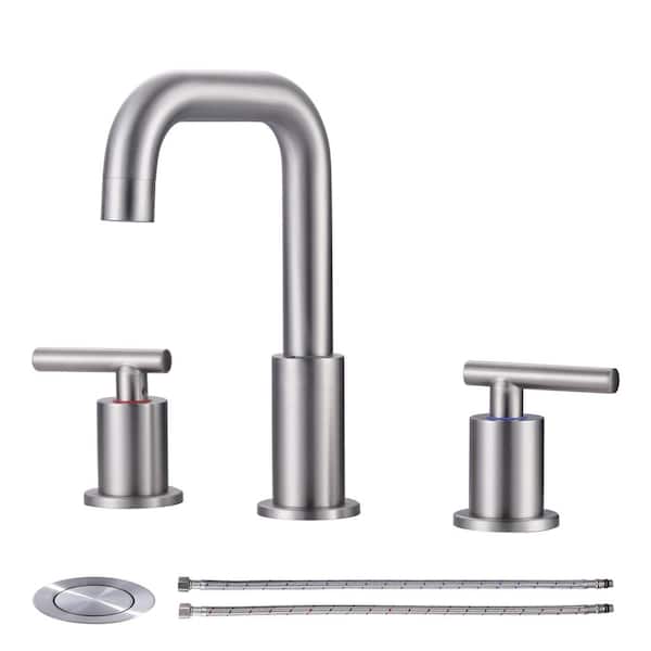 WOWOW 8 in. Widespread Double Handle Bathroom Faucet in Brushed Nickel Included Pop-Up Drain and Aerator