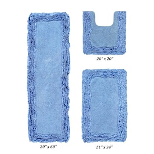 Shaggy Border Collection 3 Piece Blue 100% Cotton Bath Rug Set - (20" x 20" : 21" x 34" : 20" x 60")