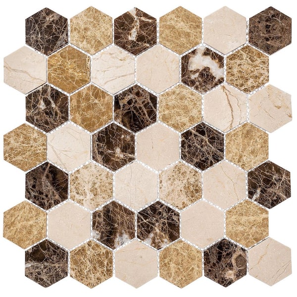 Channing Montage Hex Brown/Tan 4.5 in. x 8.25 in. Geometric Natural Stone Mosaic Wall Tile Sample