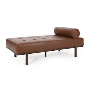 Camas Cognac Brown and Natural Walnut Faux Leather Tufted Bolster Pillow Chaise Lounge