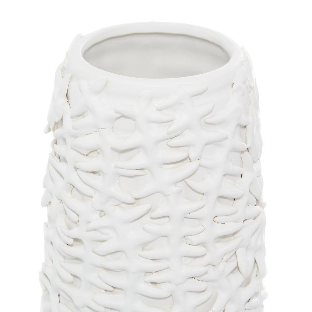 Contemporary Matte White Ceramic Cylinder Vase with Pine Leaf Pattern