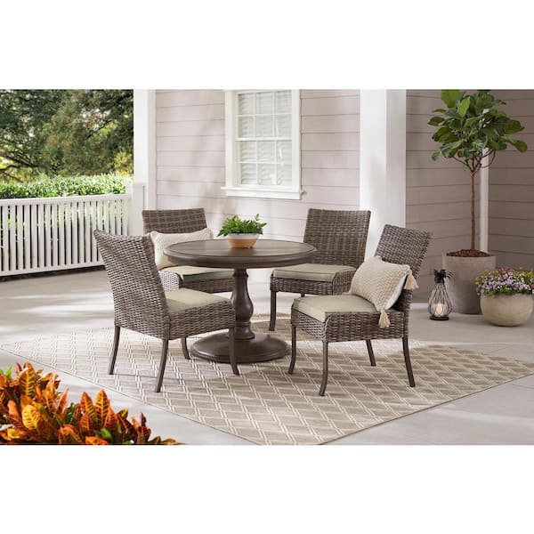 Hampton Bay Windsor 5 Piece Brown Wicker Round Outdoor Patio Dining Set With Cushionguard Biscuit Tan Cushions H197 01203800 The Home Depot - Round Patio Cover Sets