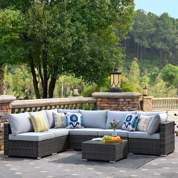 OVIOS Positano Gray 7-Piece Wicker Outdoor Patio Conversation Seating Set with Gray Cushions