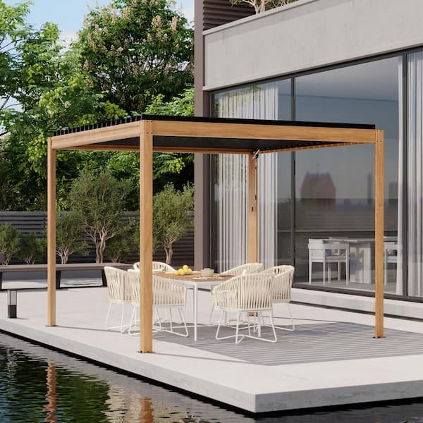 Mondawe 10 ft. x 10 ft. Wood Grain Aluminum Frame Outdoor Patio Louvered Pergola with Adjustable Shade Roof