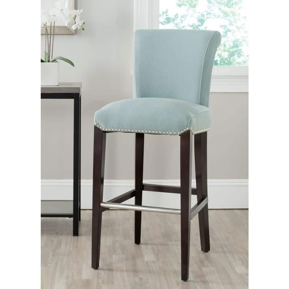 Transitional Sky Blue Leather & Wood Bar Stool with Metal Accents