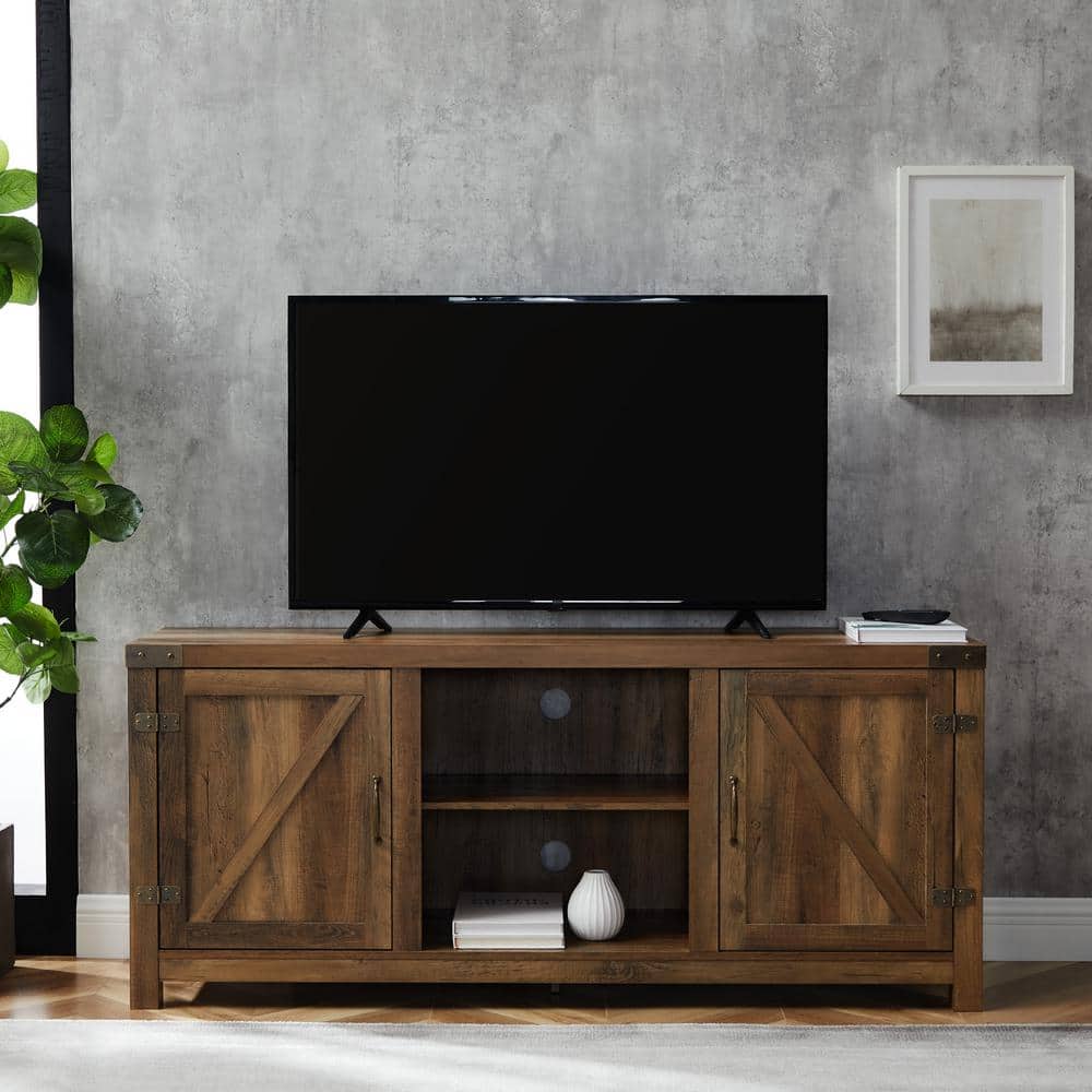 Rustic Oak 58" Modern Farmhouse Barn Door Media Console