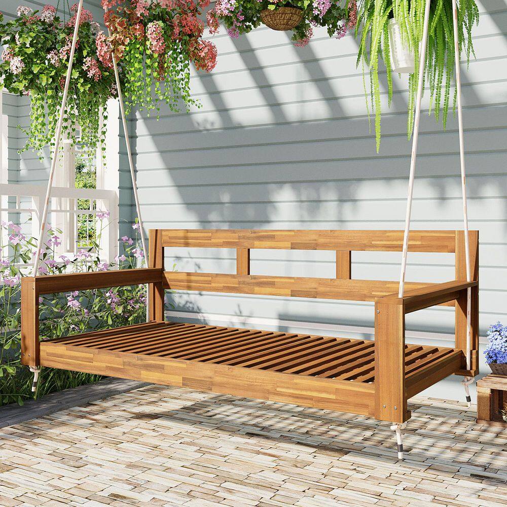 2-Person Light Brown Patio Wood Twin Size Porch Swing with 4 Hanging Ropes for Backyard price history on PriceWatchPro