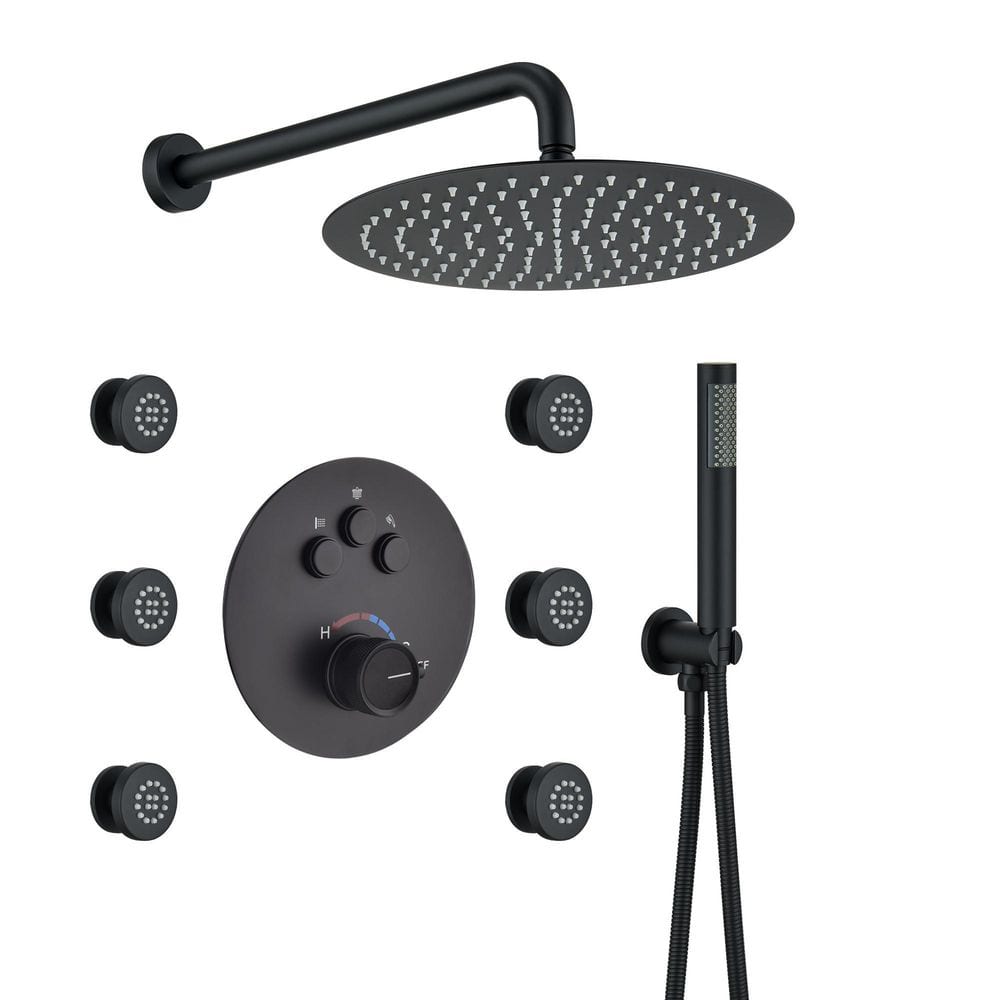 Matte Black Stainless Steel Wall Mounted Shower System with Rainfall and Body Jets