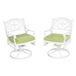 Sanibel White Swivel Rocking Cast Aluminum Outdoor Dining Chair with Green Chair Cushion
