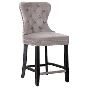 Harper 24 in. High Back Nail Head Trim Button Tufted Gray Velvet Counter Stool with Solid Wood Frame in Black