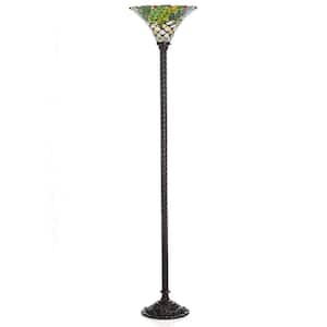 72 in. Antique Bronze Green Leaf Stained Glass Floor Lamp with Foot Switch
