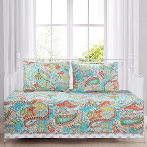 Paisley Floral 4-Piece Turquoise Blue Coral Microfiber Polyester Twin Daybed Bedding Quilt Set