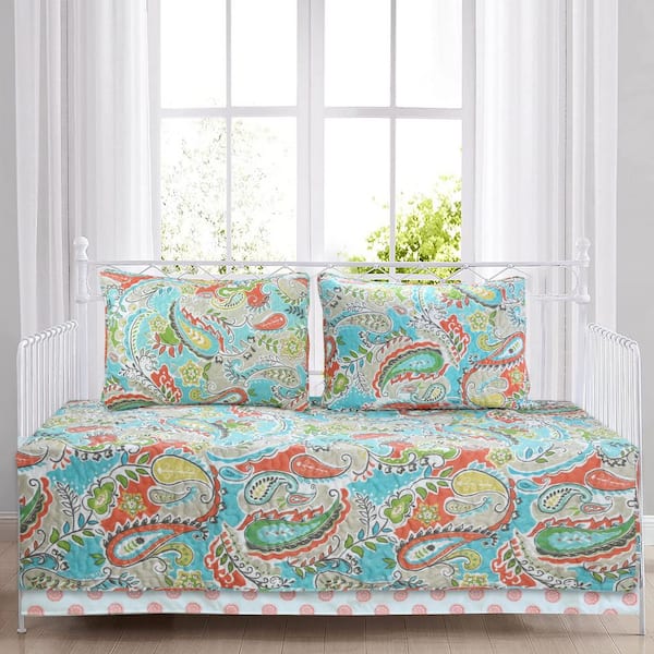 Cozy Line Home Fashions Paisley Floral 4-Piece Turquoise Blue Coral Microfiber Polyester Twin Daybed Bedding Quilt Set