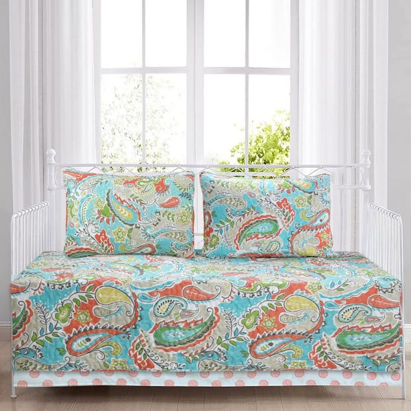 Cozy Line Home Fashions Paisley Floral 7-Piece Turquoise Blue Reversible Microfiber Polyester Twin Daybed Bedding Quilt Set