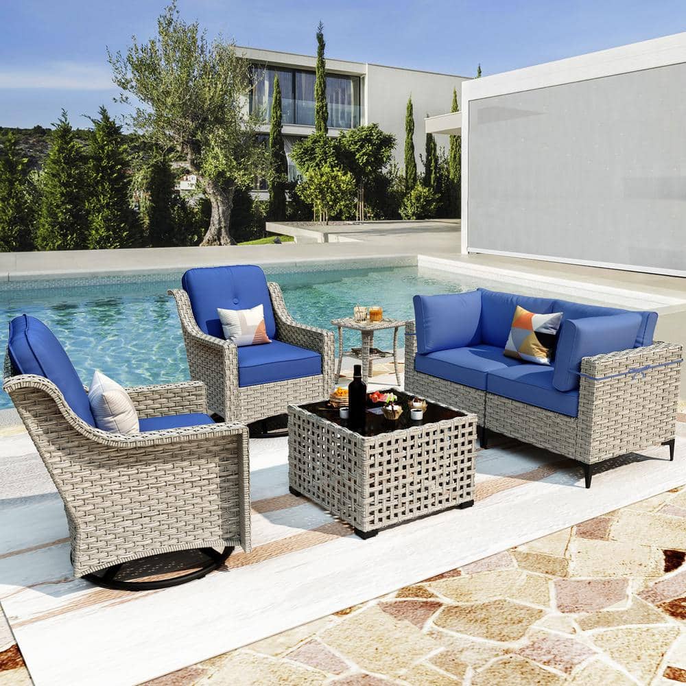 Thor 6-Piece Wicker Patio Conversation Seating Sofa Set with Navy Blue Cushions and Swivel Rocking Chairs price history on PriceWatchPro