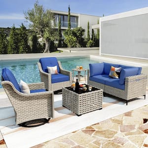 Thor 6-Piece Wicker Patio Conversation Seating Sofa Set with Navy Blue Cushions and Swivel Rocking Chairs