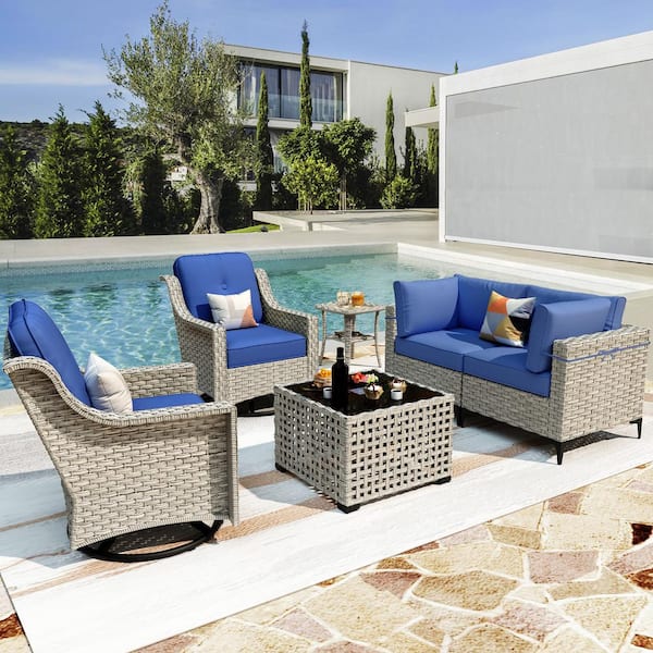 XIZZI Thor 6-Piece Wicker Patio Conversation Seating Sofa Set with Navy ...