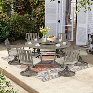 7-Piece Aluminum Outdoor Dining Set with Beige Sunbrella Cushions, Round Dining Table, 6 Swivel Dining Chairs