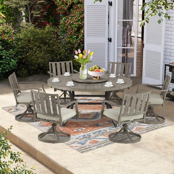 ULAX FURNITURE 7 Piece Aluminum Outdoor Dining Set with Beige Sunbrella Cushions Round Dining Table 6 Swivel Dining Chairs HD 970433 970446 The Home Depot