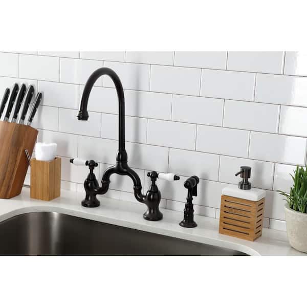 English Country Double-Handle Deck Mount Gooseneck Bridge Kitchen Faucet with Brass Sprayer in Oil Rubbed Bronze