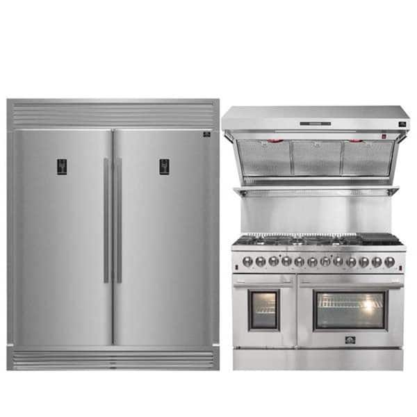 3-Pieces Galiano 48 in. Dual Fuel 8-Burner Range, Rizzuto 60 in. Refrigerator, 48 in. Wall Range Hood Stainless Steel