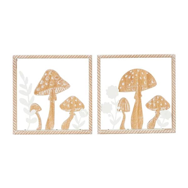 Litton Lane Wooden Brown Cutout Mushroom Wall Decor with Carved Twisted Frame and White Floral Accents (Set of 2)