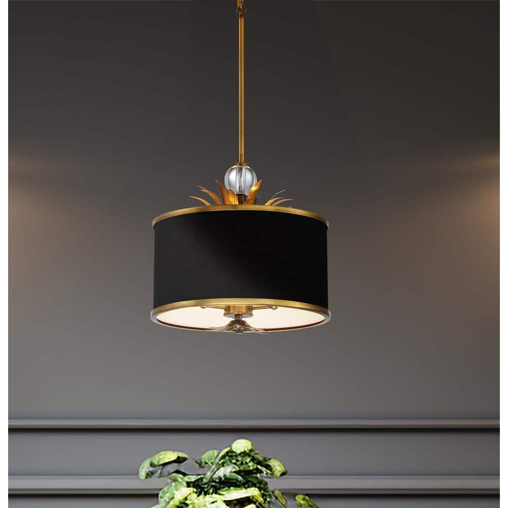Natural Brushed Brass Pendant Light with Black Fabric Shade