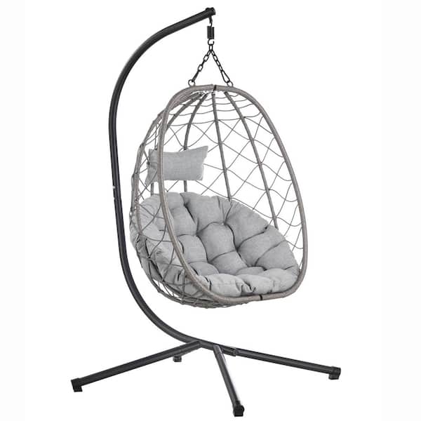 Summit Egg Shape Outdoor Single Person Patio Swing Chair Metal Stand Foldable Round Shell Removeable Cushions Grey