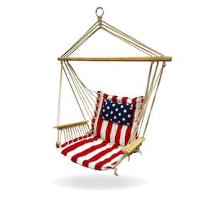 2.5 ft. Hammock Chair with Wooden Armrests in Red, White and Blue