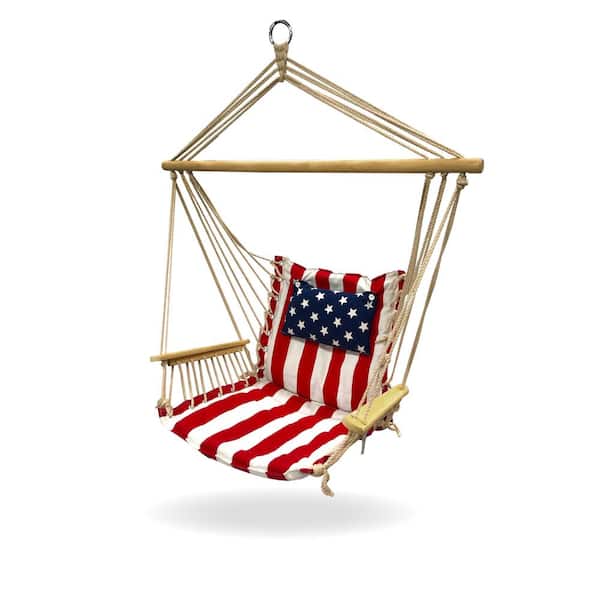 BACKYARD EXPRESSIONS PATIO · HOME · GARDEN 2.5 ft. Hammock Chair with Wooden Armrests in Red, White and Blue