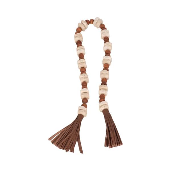Ivory 26 in. x 0.75 in. Wood Travertine Faux Leather Bead Garland with Tassels