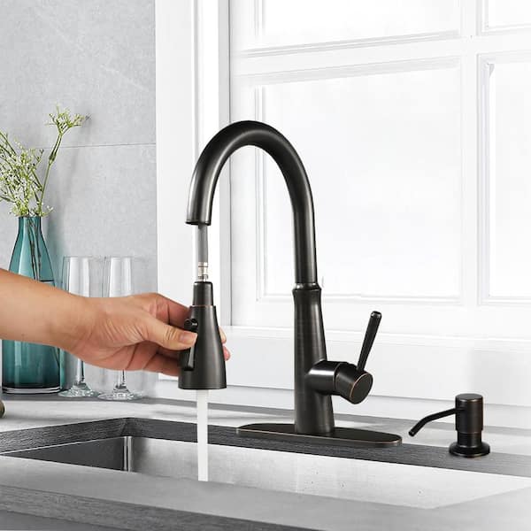 3 Spray Patterns Single Handle Pull Down Sprayer Kitchen Faucet with Soap Dispenser in Oil Rubbed Bronze