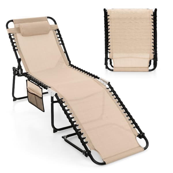 Gtnali Outdoor Patio Foldable Recline Lounge Chair with Adjustable Backrest and Metal Frame, Beige