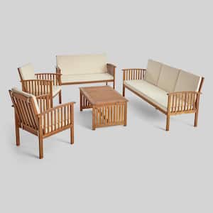 Carolina Teak Brown 5-Piece Wood Patio Conversation Seating Set with Cream Cushions