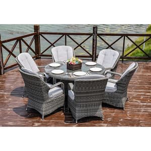 LISA 7-Piece Wicker Outdoor Dining Set with Gray Cushion