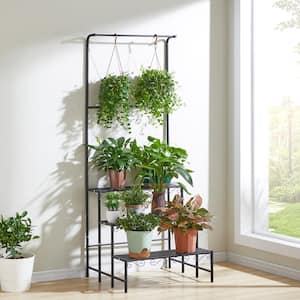Black Metal Kitchen Cart, 3-Tier Plant Stand Hanging Shelves, Flowerpot Organizer, Multifunction Flower Display Holder