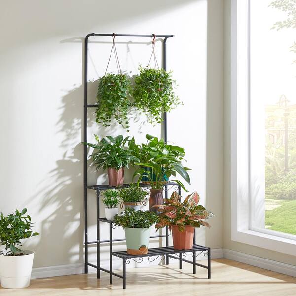 Unbranded Black Metal Kitchen Cart, 3-Tier Plant Stand Hanging Shelves, Flowerpot Organizer, Multifunction Flower Display Holder
