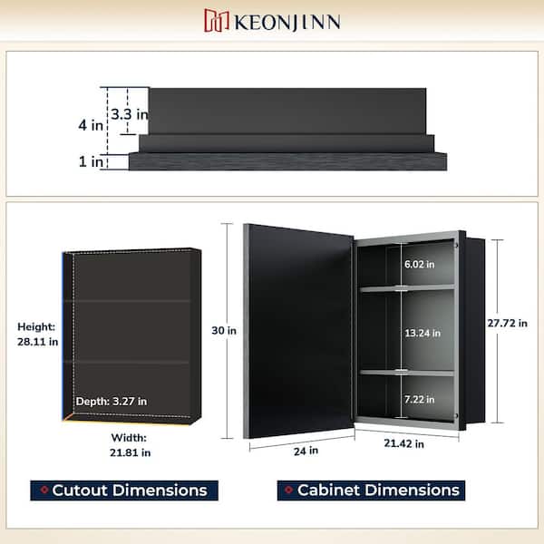 KeonJinn 24 in. W x 30 in. H Rectangular Brass Aluminum Alloy Black Framed Recessed/Surface Mount Medicine Cabinet with Mirror