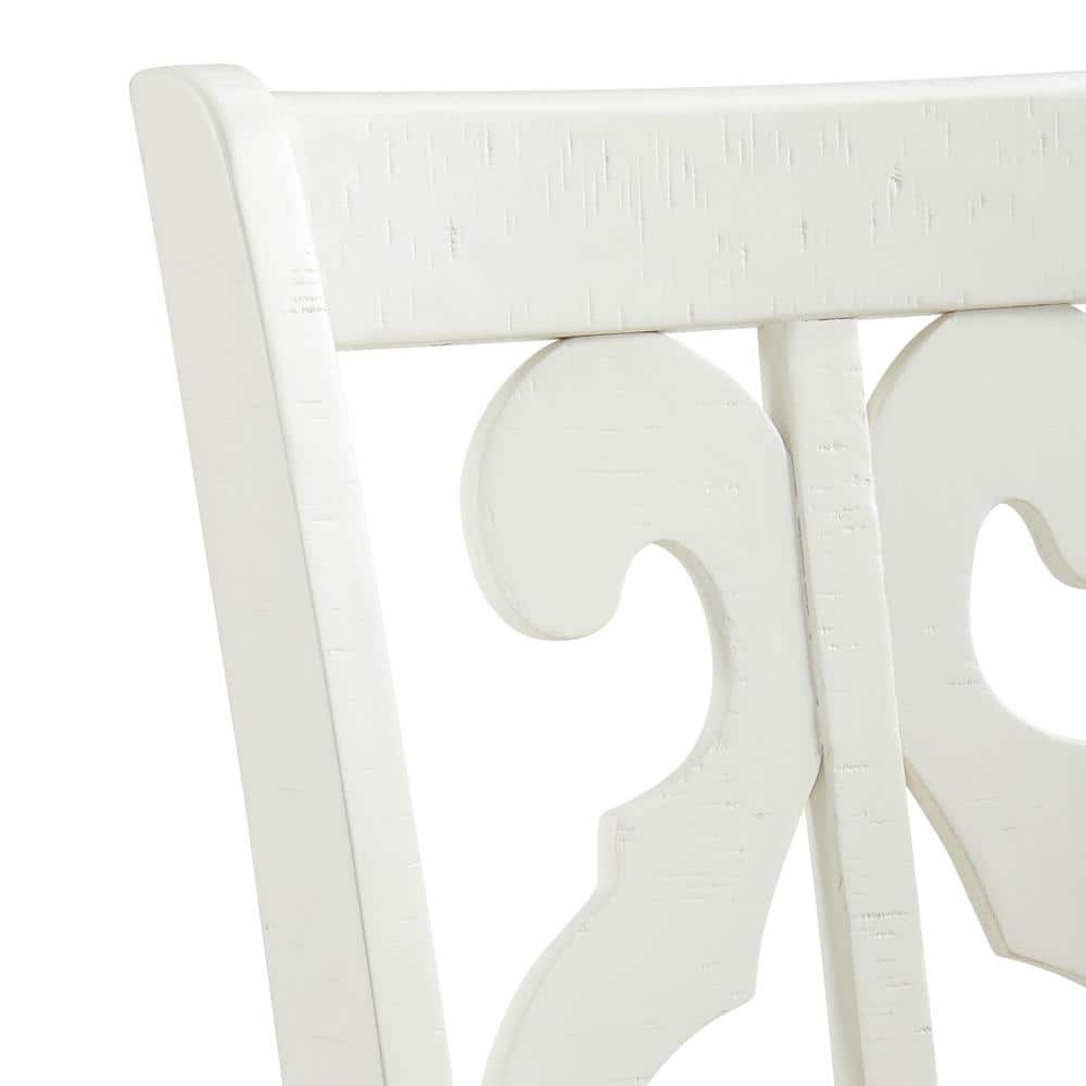 Elegant White Wooden Side Chair with Swirl Back Design and Upholstered Seat