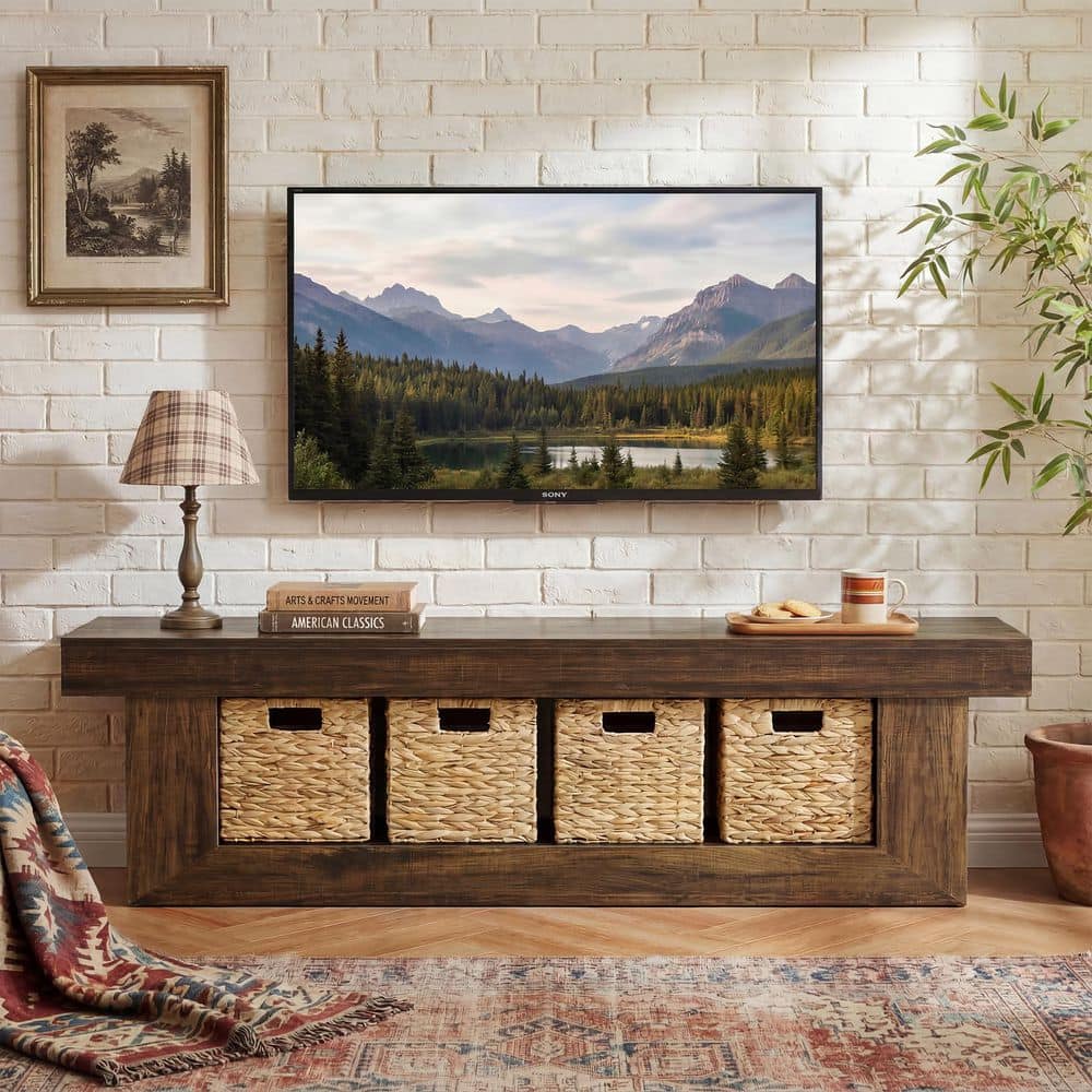 63 in. Brown Farmhouse TV Stand with Storage Baskets, 2-Tier Entertainment Center Fits TV's up to 65 in. for Living Room price history on PriceWatchPro