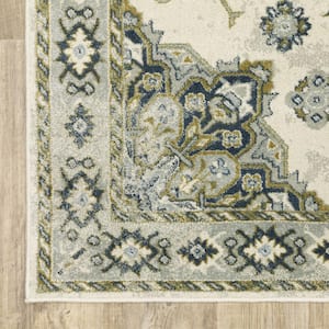 Ivory Blue Teal Grey and Olive Green 3 ft. x 5 ft. Oriental Power Loom Stain Resistant Area Rug