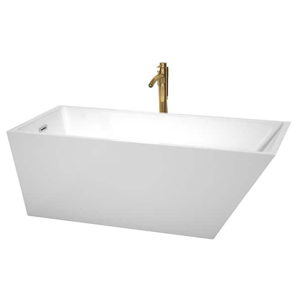 Wyndham Collection Hannah 67 in. Acrylic Flatbottom Bathtub in White with Polished Chrome Trim and Brushed Gold Faucet
