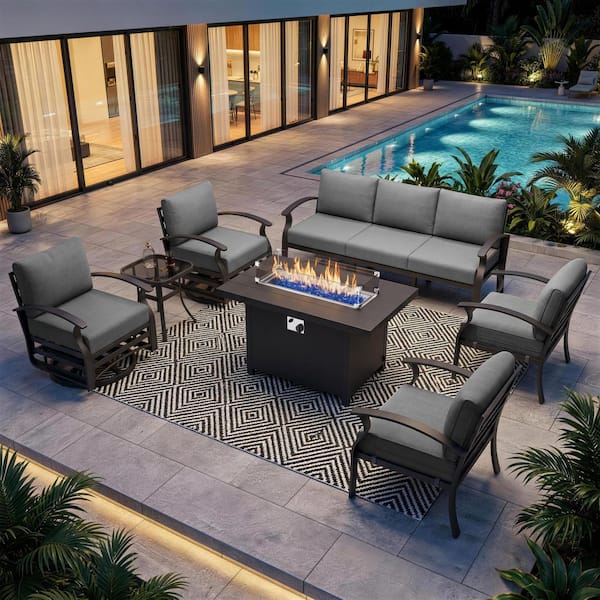 7-Seat Aluminum Patio Conversation Set with armrest, Firepit Table, Swivel Rocking Chairs and Grey Cushions