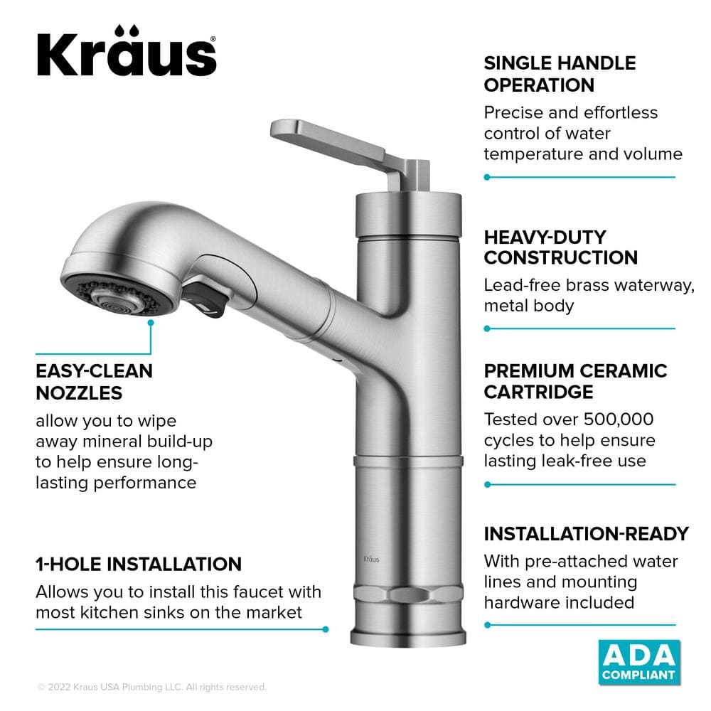 Spot-Free Stainless Steel Pull-Out Single Handle Kitchen Faucet
